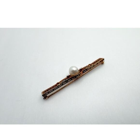 Antique Art Deco 14K Gold Filigree Bar Pin Brooch with Pearl & Diamonds c. 1920s - Picture 3 of 10